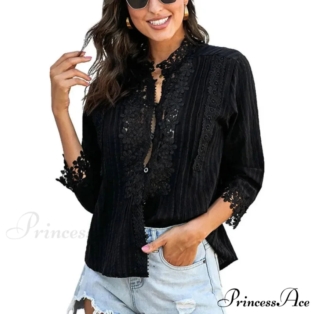 3/4 Sleeve Cotton Button V-Neck Retro Boho Top Black / S bohoblouse-250126