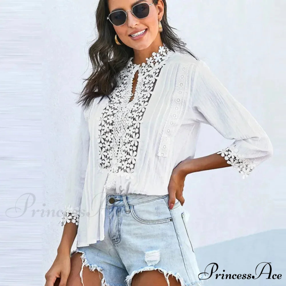 3/4 Sleeve Cotton Button V-Neck Retro Boho Top bohoblouse-250126