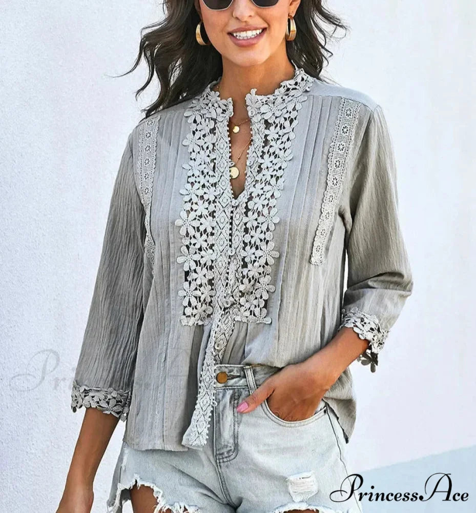 3/4 Sleeve Cotton Button V-Neck Retro Boho Top bohoblouse-250126