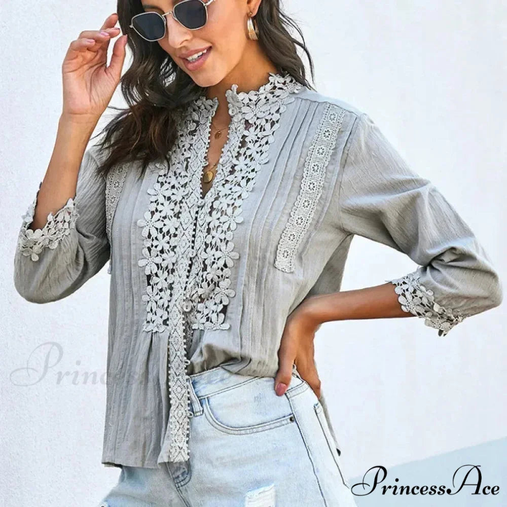 3/4 Sleeve Cotton Button V-Neck Retro Boho Top bohoblouse-250126