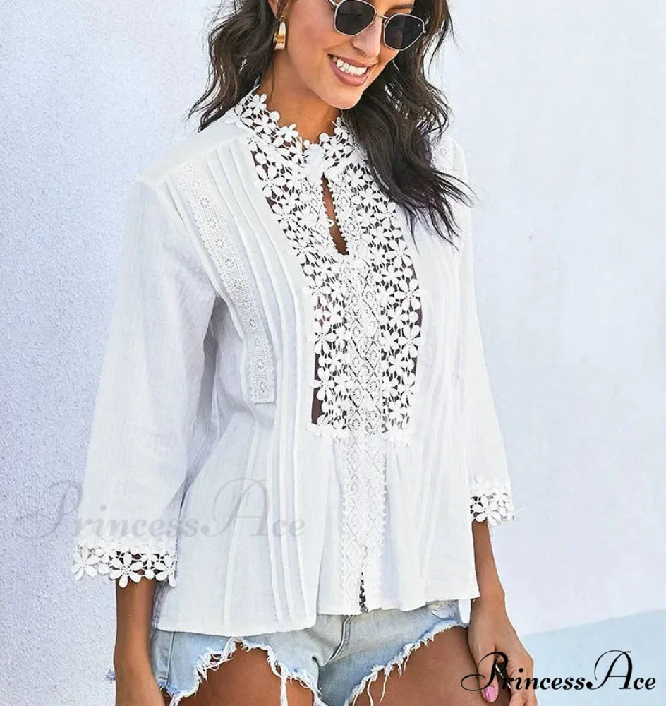 3/4 Sleeve Cotton Button V-Neck Retro Boho Top bohoblouse-250126