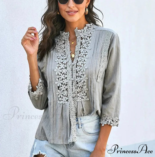 3/4 Sleeve Cotton Button V-Neck Retro Boho Top GRAY / S bohoblouse-250126
