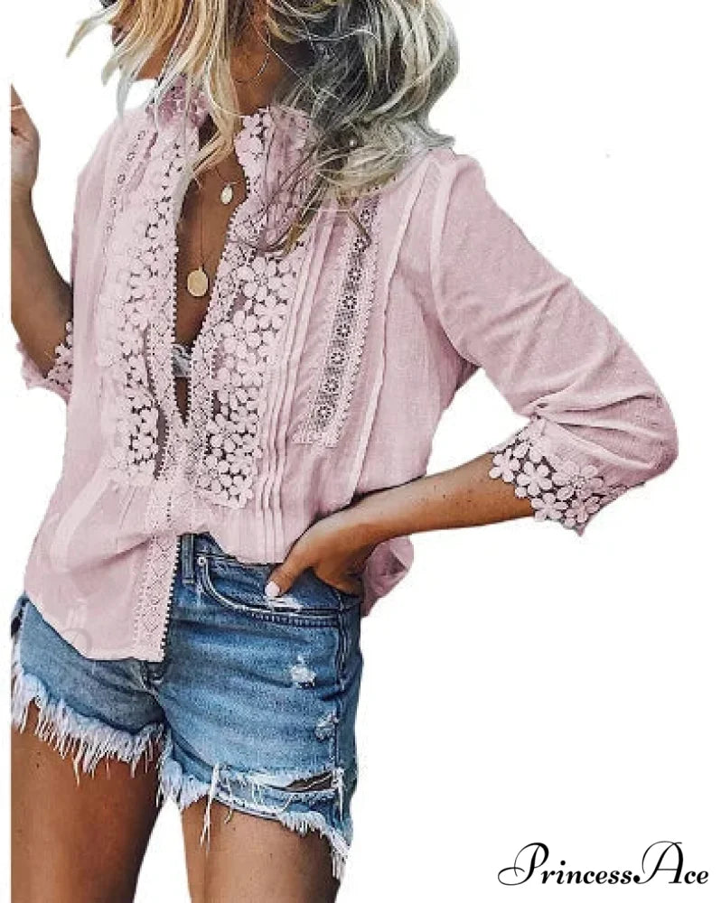 3/4 Sleeve Cotton Button V-Neck Retro Boho Top Pink / S bohoblouse-250126