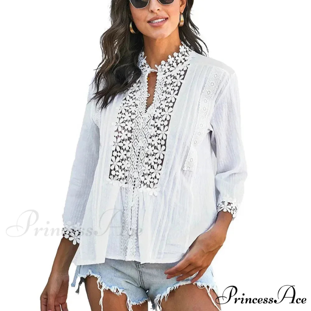 3/4 Sleeve Cotton Button V-Neck Retro Boho Top WHITE / S bohoblouse-250126