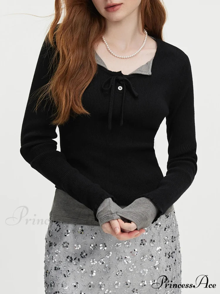 3.9% Wool U - Neck Lace - Up Slim Pullover Black / XS swraters-241228