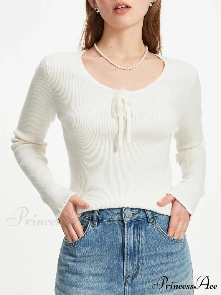 3.9% Wool U - Neck Lace - Up Slim Pullover Ivory / XS swraters-241228