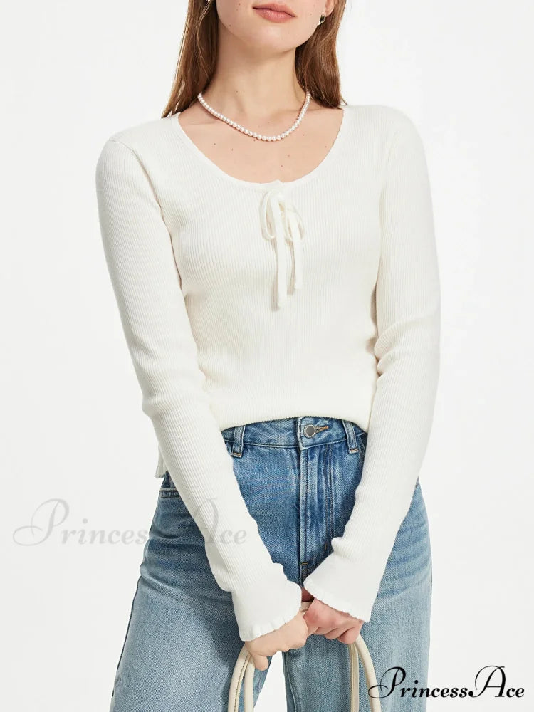 3.9% Wool U - Neck Lace - Up Slim Pullover swraters-241228