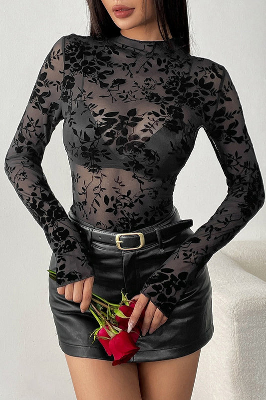 Floral Flocked Mesh Long Sleeve Blouse