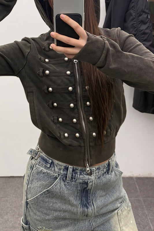 Studded Corset Detail Fitted Zip Hoodie