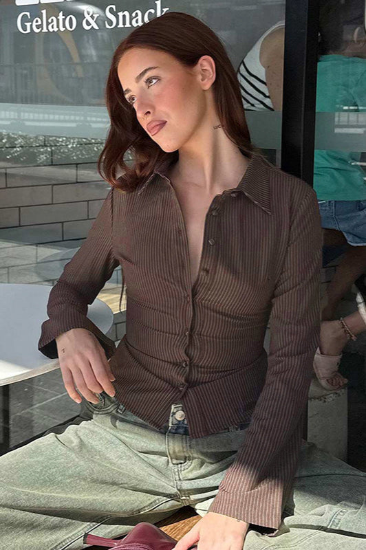 Polo Collar Striped Button Front Fitted Waist Blouse