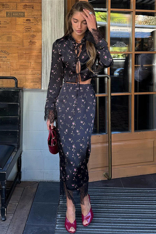 Floral Tie Waist Crop Top Split Bodycon Skirt Two Piece Set