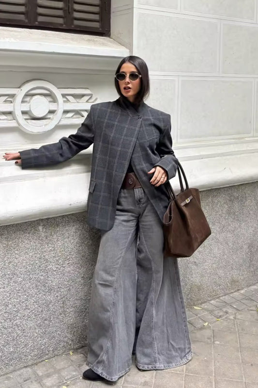 Plaid Single-Button Blazer