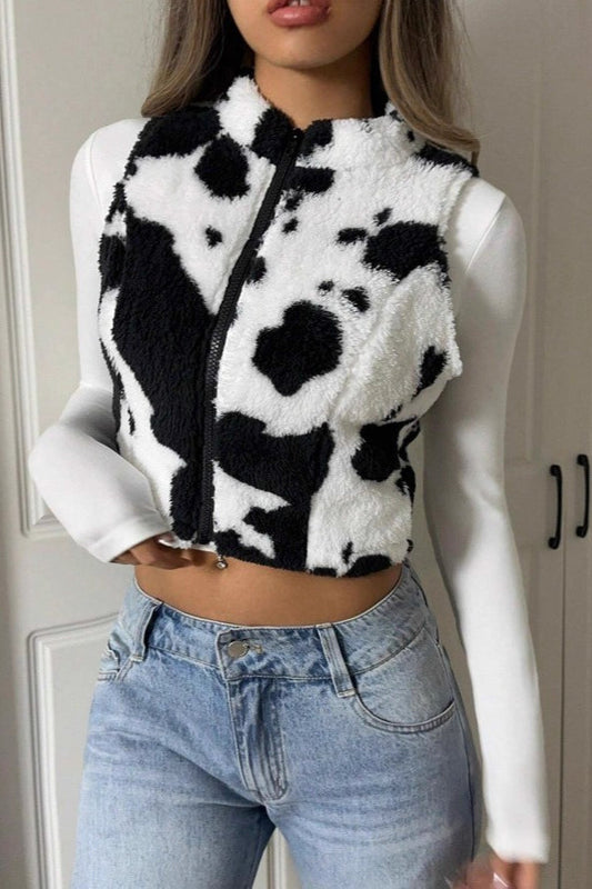 Cow Print Zipper Fuzzy Sleeveless Vest