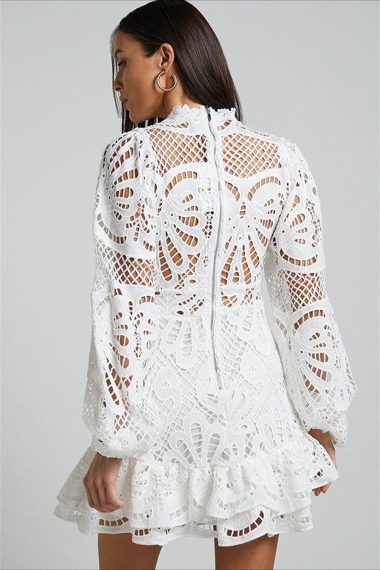 Solid Ruffle Hollow Lace Mini Dress