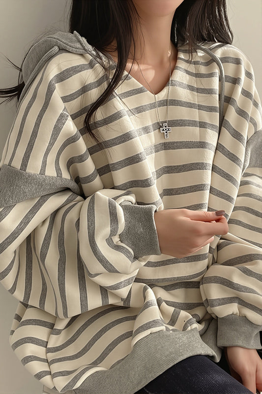 Striped V Neck Pullover Hoodie