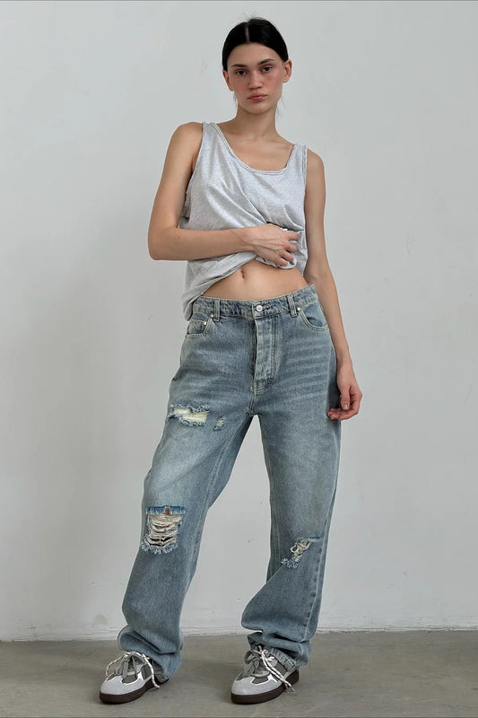 Low Rise Distressed Patchwork Jean