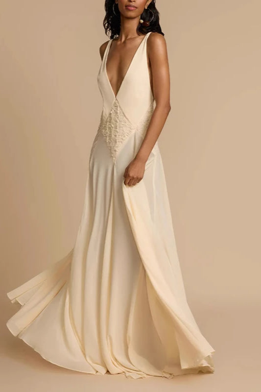 Deep V Neck Lace Patchwork Boho Dress