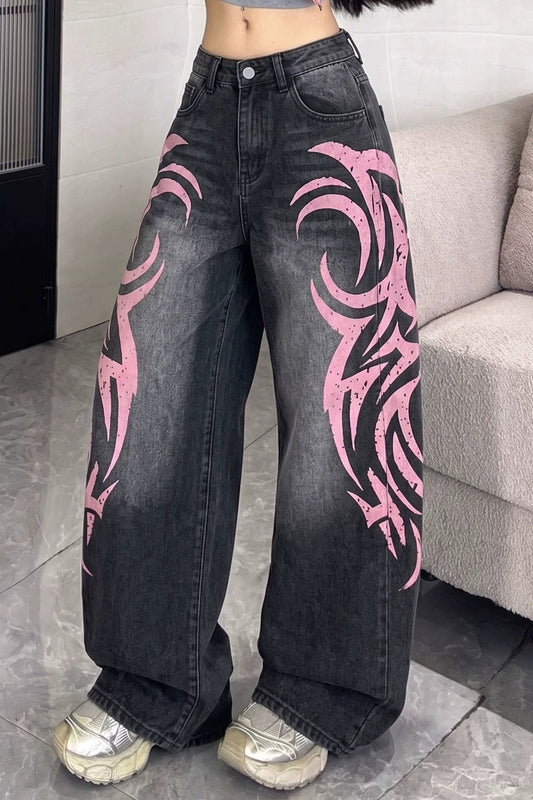 Tribal Print Wide-Leg Jeans