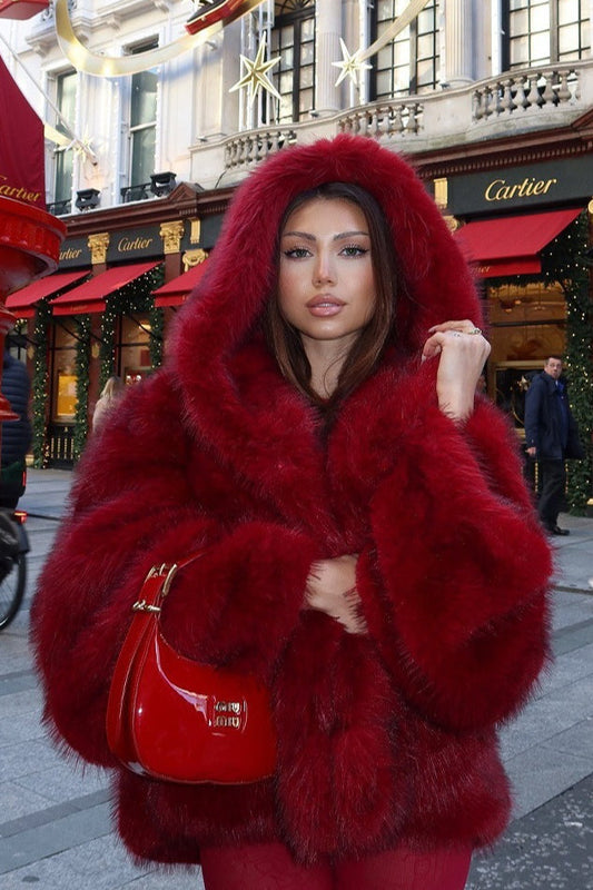 Angora Red Faux Fox Fur Cropped Hooded Coat