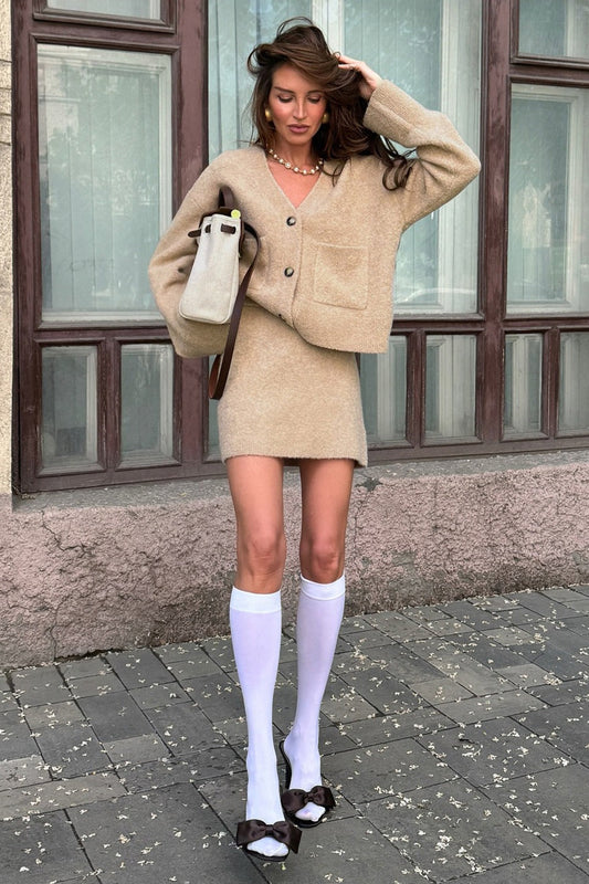 Tweed Solid Cardigan Skirt Set Chic Two Piece Set