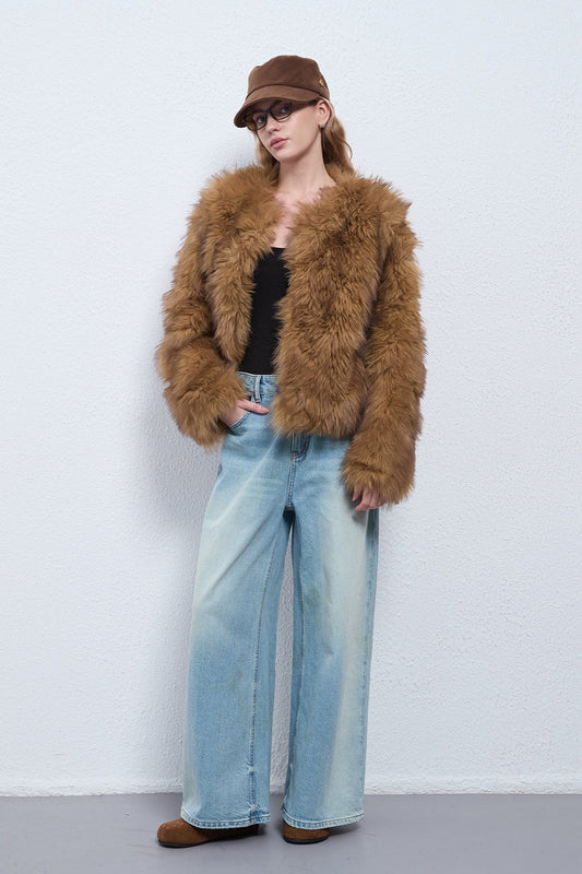 Faux Raccoon Fur Plush Coat with Retro Style