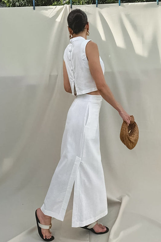 Simple Linen Cotton Sleeveless Slit Skirt Set