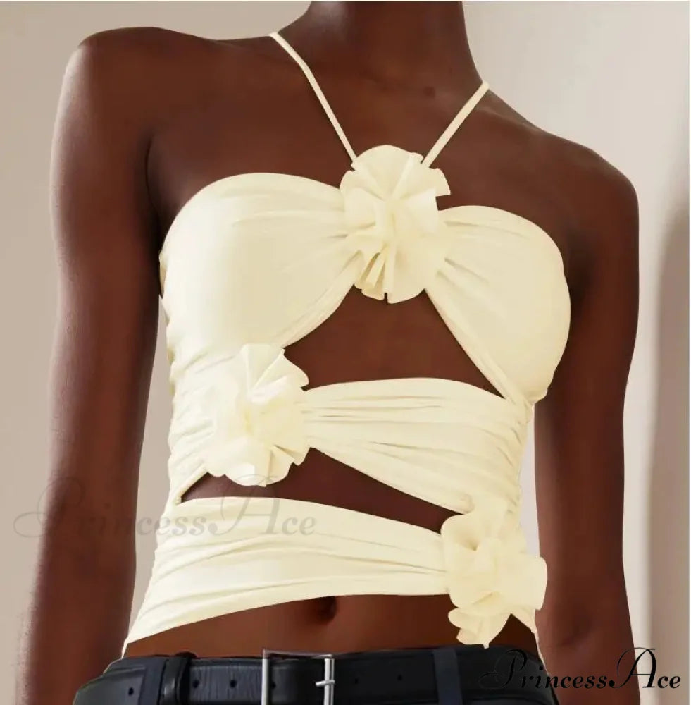 3D Blooming Strap Halter Bodycon Crop Top APRICOT / S croptop-250126