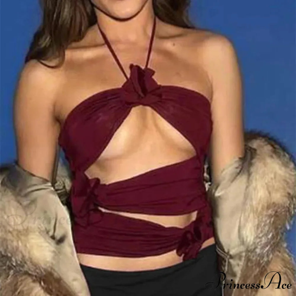 3D Blooming Strap Halter Bodycon Crop Top Claret / S croptop-250126