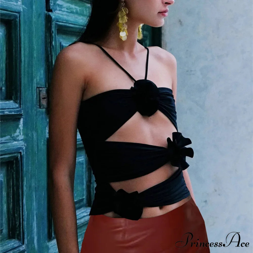 3D Blooming Strap Halter Bodycon Crop Top croptop-250126