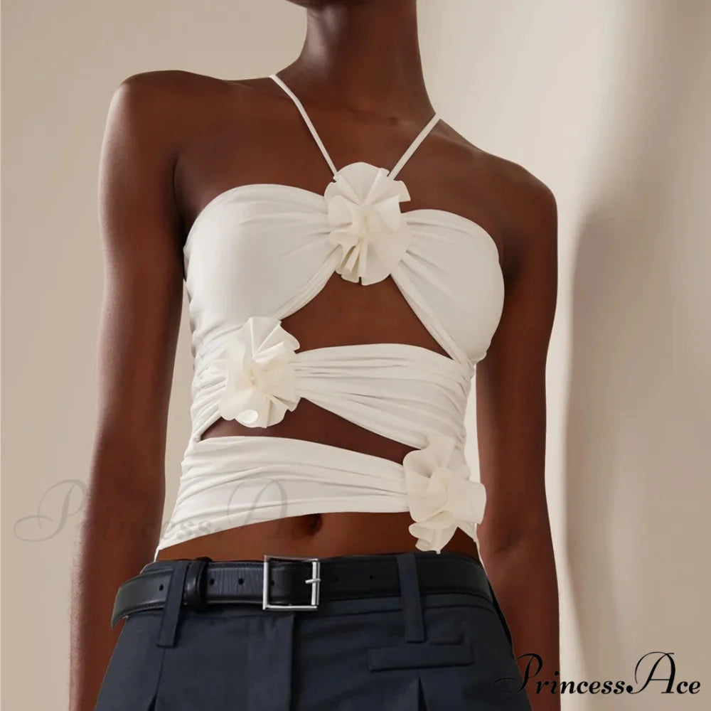 3D Blooming Strap Halter Bodycon Crop Top WHITE / S croptop-250126