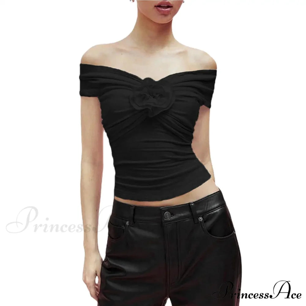3D Blossom Difference Midriff Top black2 / S croptop-250223