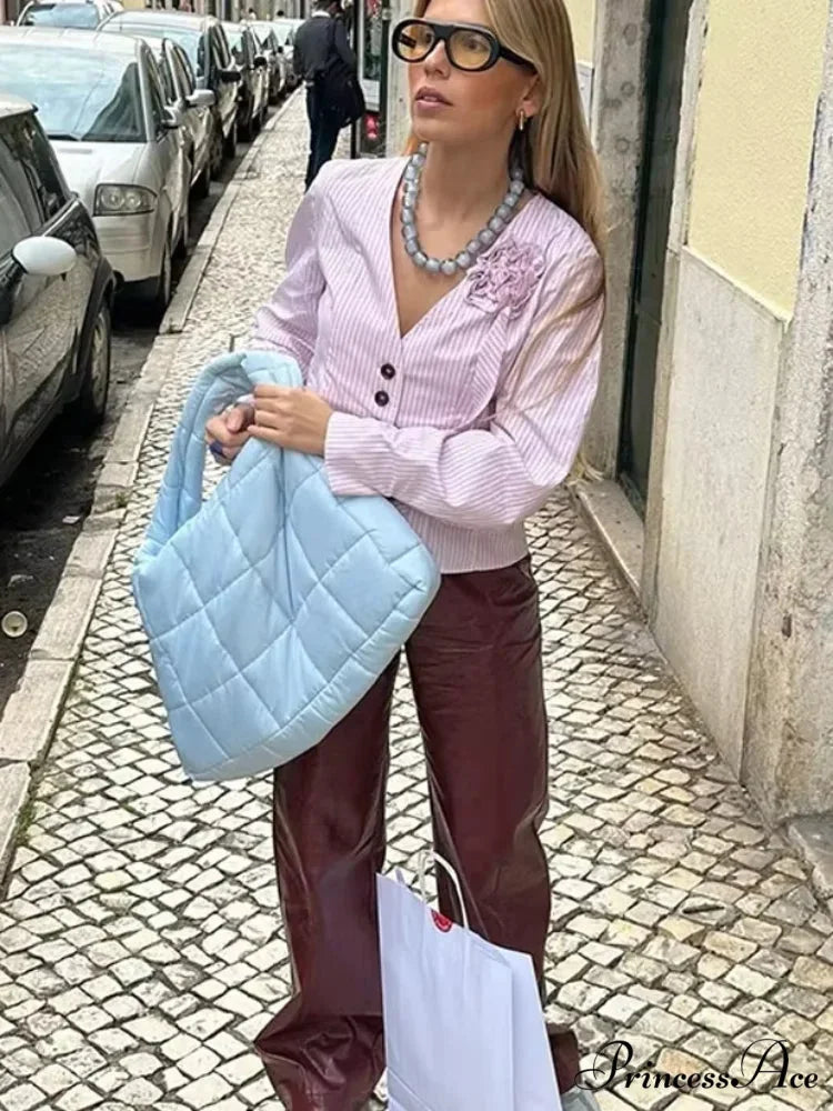 3D Blossom Joining V Neck Rose Blouse blouse-250223