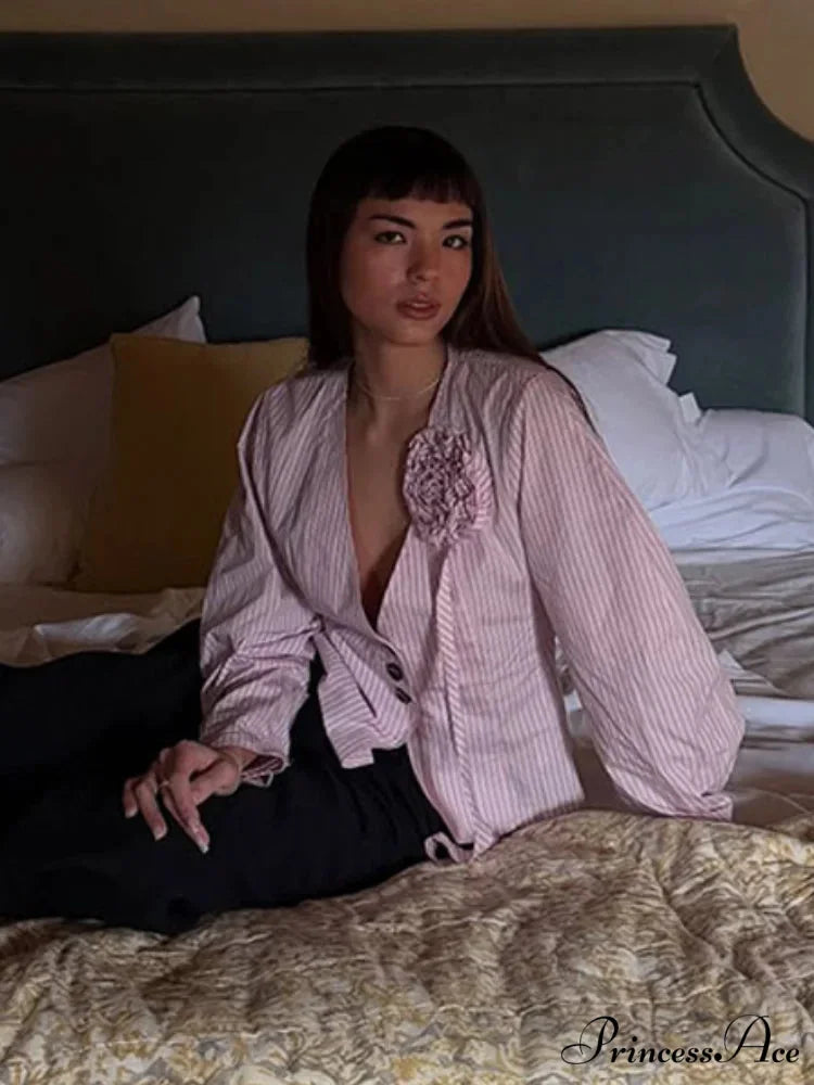 3D Blossom Joining V Neck Rose Blouse blouse-250223