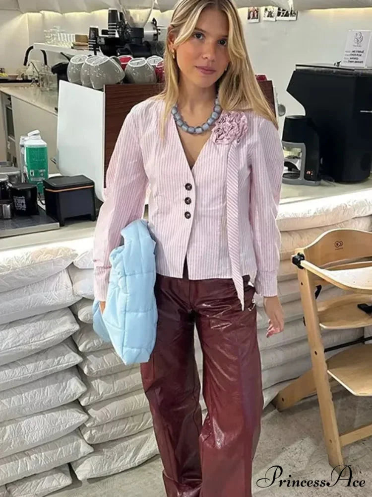 3D Blossom Joining V Neck Rose Blouse Pink / S blouse-250223