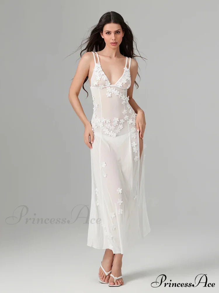 3D Blossom Ornament Backless Low-Cut Slit Sheer Beach Floral Dress floraldress-250126