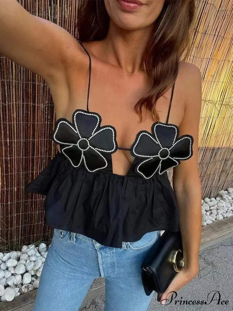 3D Blossom Spaghetti Strap Open-Back Crop Top Black / S croptop-250126