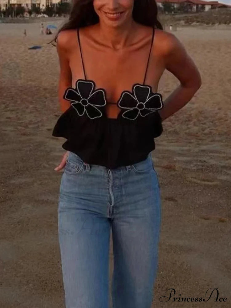 3D Blossom Spaghetti Strap Open-Back Crop Top croptop-250126