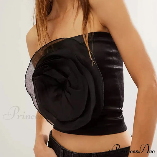 3D Blossom Strapless Mesh Bandeau Crop Top Summer Streetwear Black / S croptop-250126
