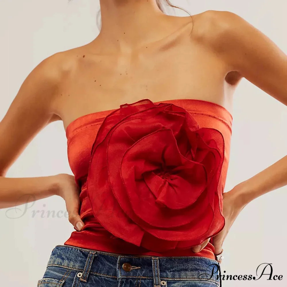 3D Blossom Strapless Mesh Bandeau Crop Top Summer Streetwear Red / S croptop-250126