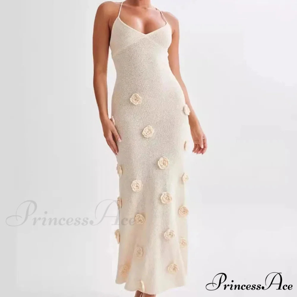 3D Blossom V-neck Open-Back Lace-Up Maxi Floral Gown Apricot 01 / S floraldress-250126