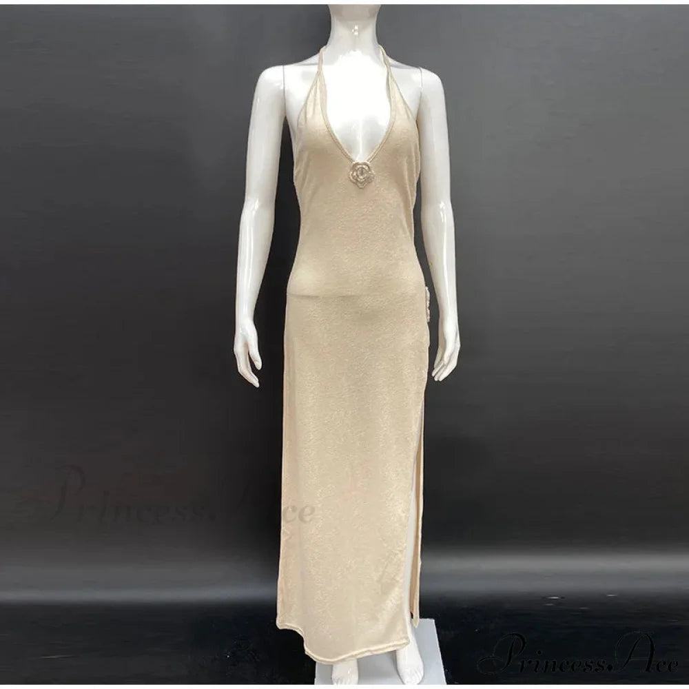 3D Blossom V-neck Open-Back Lace-Up Maxi Floral Gown Apricot 02 / S floraldress-250126