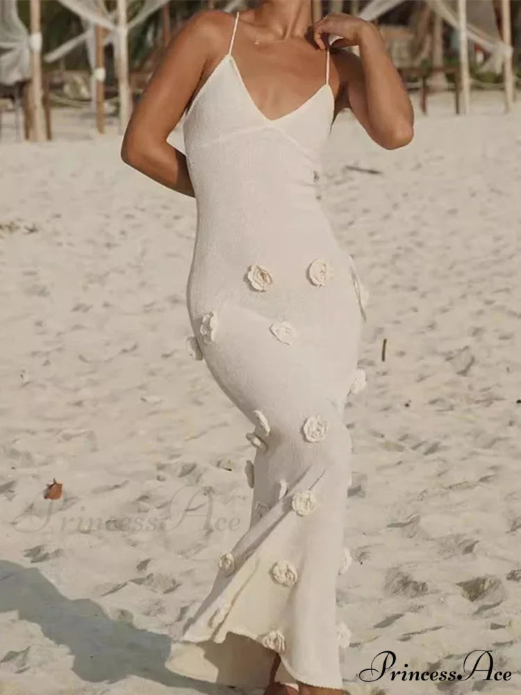 3D Blossom V-neck Open-Back Lace-Up Maxi Floral Gown floraldress-250126