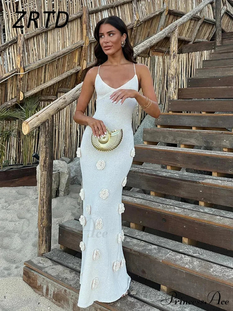 3D Blossom V-neck Open-Back Lace-Up Maxi Floral Gown floraldress-250126