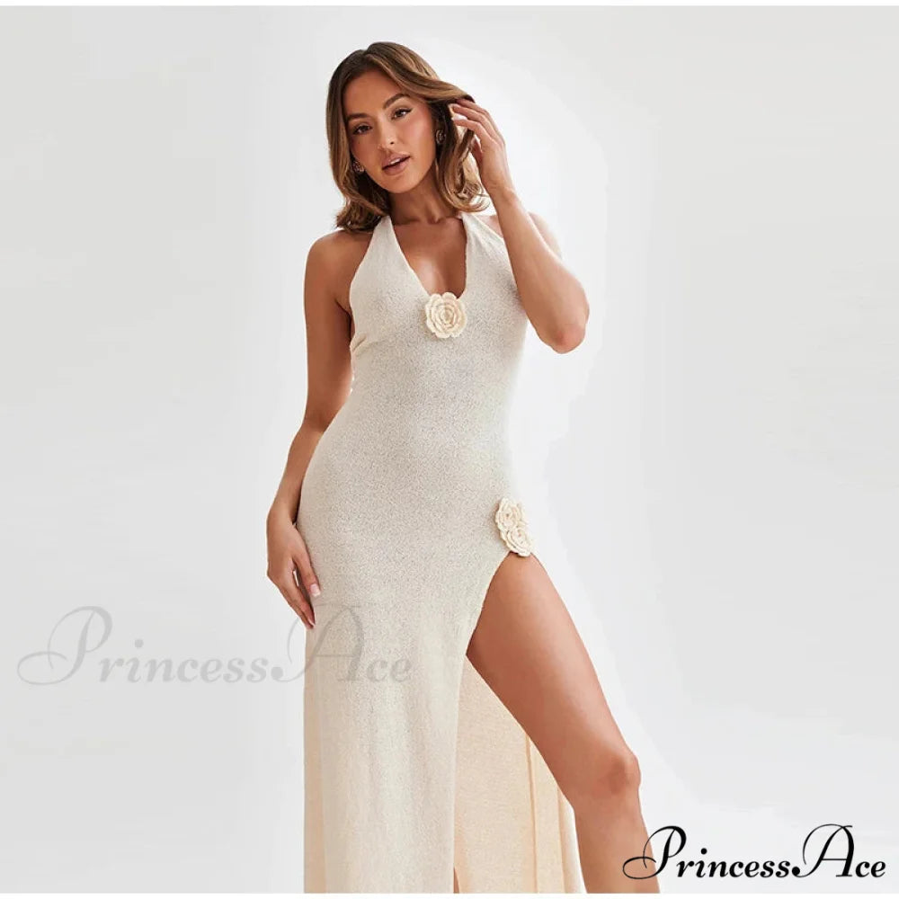 3D Blossom V-neck Open-Back Lace-Up Maxi Floral Gown White 02 / S floraldress-250126