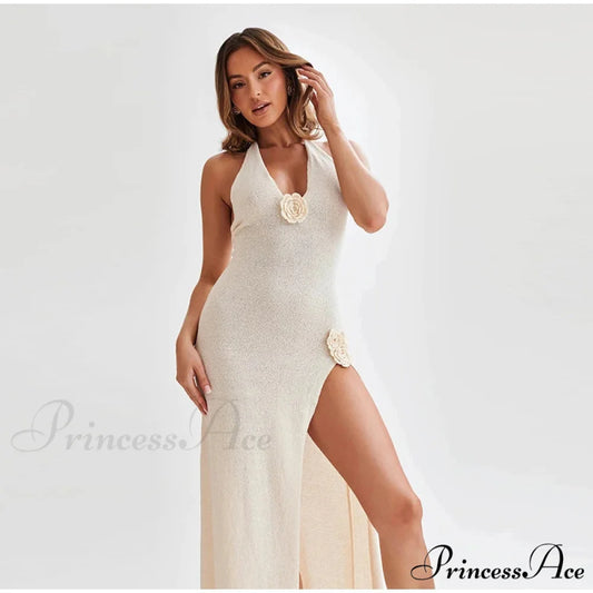 3D Blossom V-neck Open-Back Lace-Up Maxi Floral Gown White 02 / S floraldress-250126