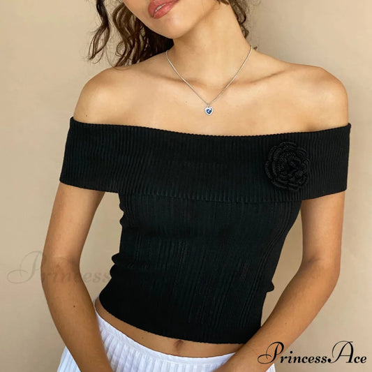 3D Blossom Vessel Neck Crop Top Black / S croptop-250223