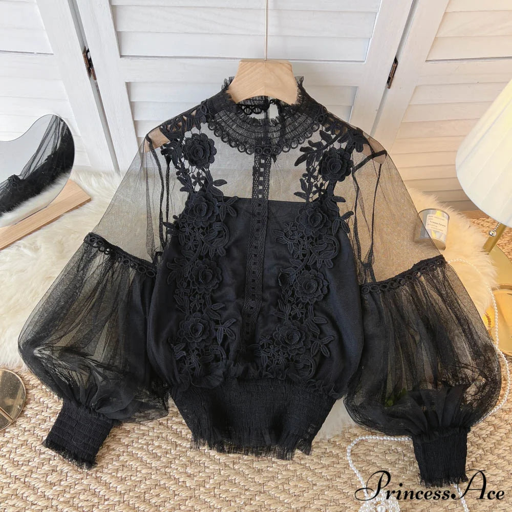 3D Blouse Top Lace Mesh Shirts Spring Lantern Elegant Arm Blusas Women Sheer Flowered Femininas Black / One Size