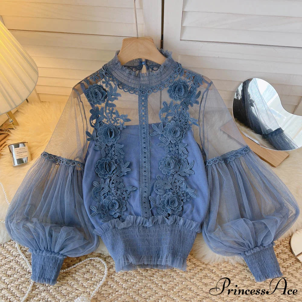 3D Blouse Top Lace Mesh Shirts Spring Lantern Elegant Arm Blusas Women Sheer Flowered Femininas blue / One Size