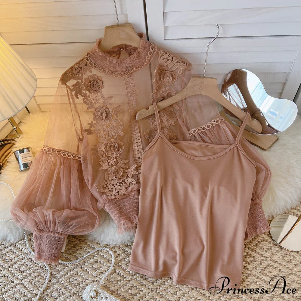 3D Blouse Top Lace Mesh Shirts Spring Lantern Elegant Arm Blusas Women Sheer Flowered Femininas khaki / One Size