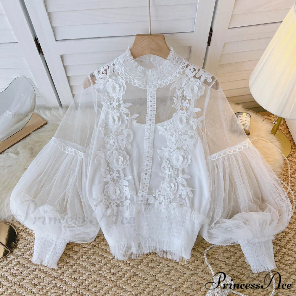 3D Blouse Top Lace Mesh Shirts Spring Lantern Elegant Arm Blusas Women Sheer Flowered Femininas white / One Size